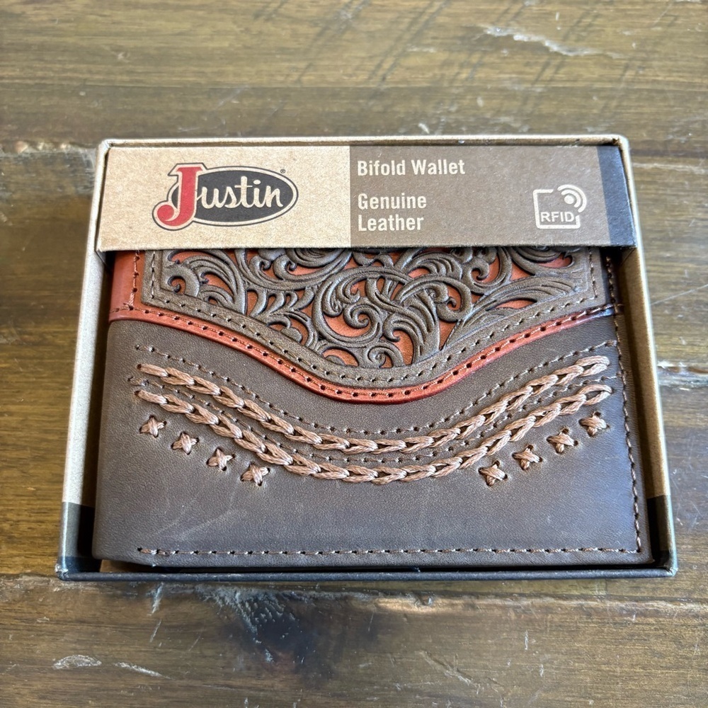 Justin Bifold Wallet Genuine Leather Tooled Accent Stitching Brown Distressed